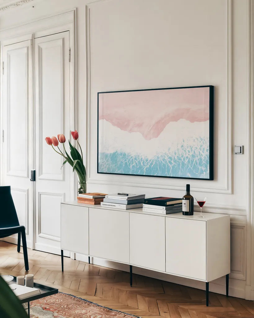 Sky Seaview II No Umbrellas by James Wiens. shown as a framed stretched canvas in a living room above a console. Available as a archival giclee rolled canvas, fine art paper, or poster print. SKU 60961i.