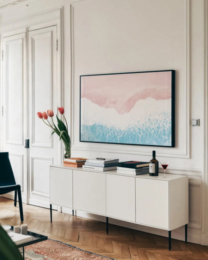 Sky Seaview II No Umbrellas by James Wiens. shown as a framed stretched canvas in a living room above a console. Available as a archival giclee rolled canvas, fine art paper, or poster print. SKU 60961i.
