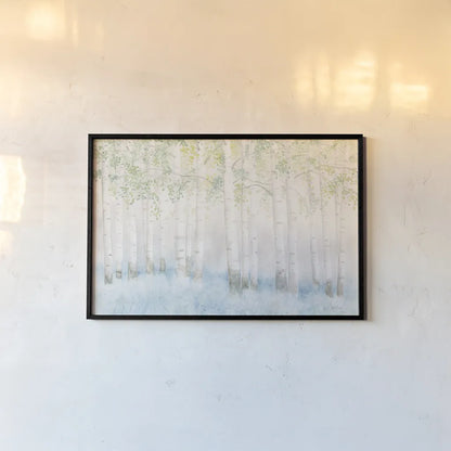 Soft Birches Crop by James Wiens. shown as a paper print in a black flame. Available as a archival giclee rolled canvas, fine art paper, or poster print. SKU 48446i.