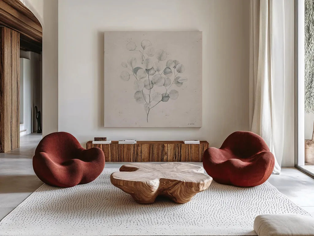 Soft Summer Sketches II Sq by James Wiens. Shown as extra-large giant wall art in a modern living room. Available as an archival giclee rolled canvas, fine art paper, or poster print. SKU 60547a.