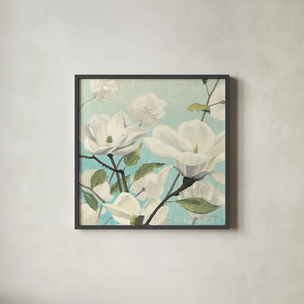 Southern Blossoms II Square by James Wiens. Shown in a sleek black glass frame for a contemporary gallery look. Available as an archival giclee rolled canvas, fine art paper, or poster print. SKU 12254a.