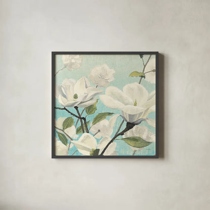 Southern Blossoms II Square by James Wiens. Shown in a sleek black glass frame for a contemporary gallery look. Available as an archival giclee rolled canvas, fine art paper, or poster print. SKU 12254a.