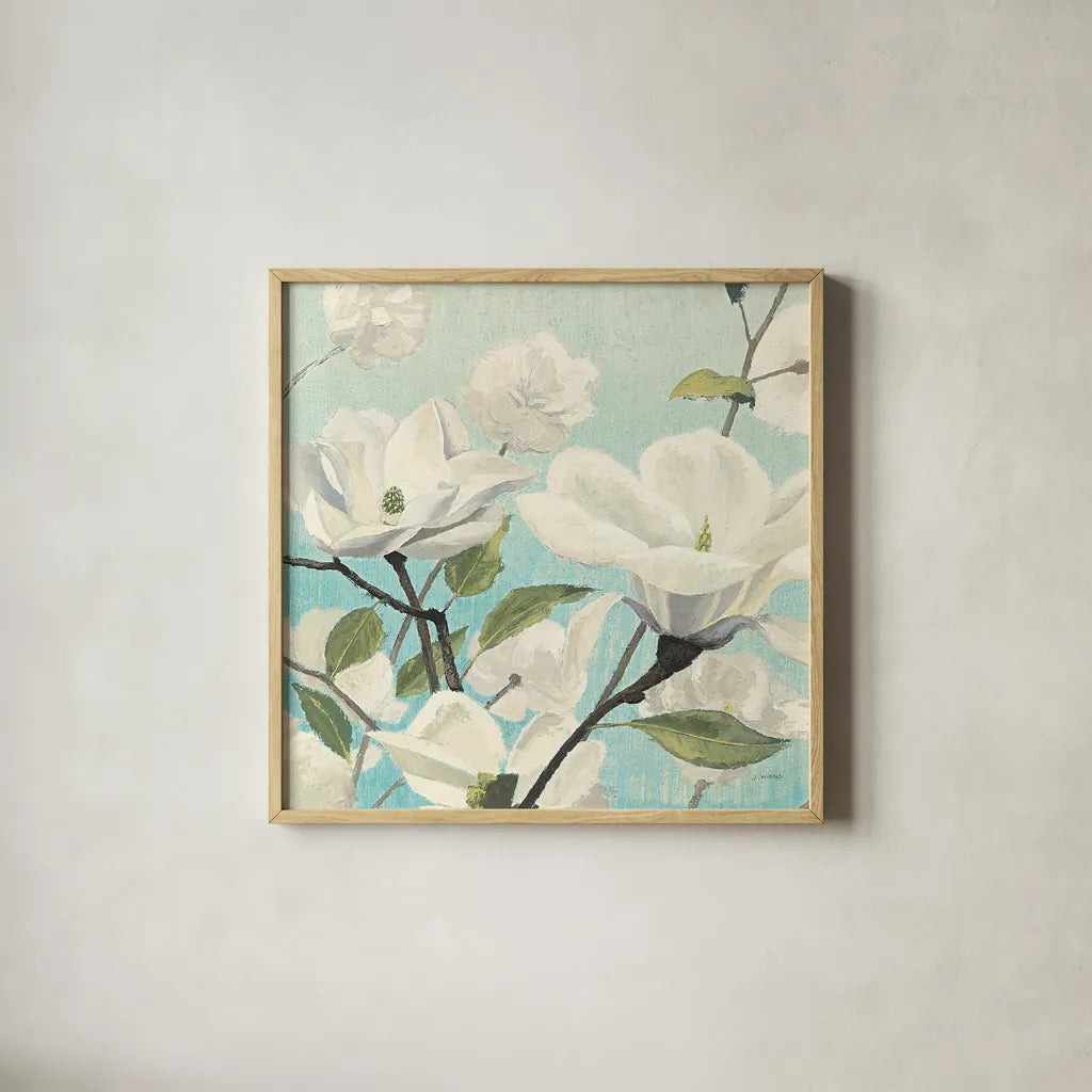 Southern Blossoms II Square by James Wiens. Shown in a natural wood glass frame for a timeless modern aesthetic. Available as an archival giclee rolled canvas, fine art paper, or poster print. SKU 12254a.