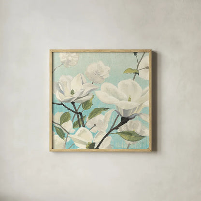 Southern Blossoms II Square by James Wiens. Shown in a natural wood glass frame for a timeless modern aesthetic. Available as an archival giclee rolled canvas, fine art paper, or poster print. SKU 12254a.