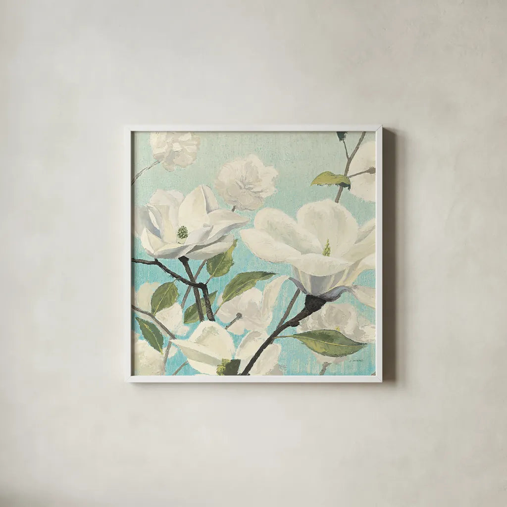 Southern Blossoms II Square by James Wiens. Shown in a crisp white glass frame for a clean and minimalist style. Available as an archival giclee rolled canvas, fine art paper, or poster print. SKU 12254a.