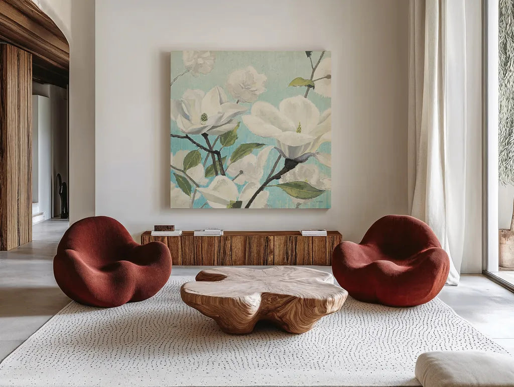 Southern Blossoms II Square by James Wiens. Shown as extra-large giant wall art in a modern living room. Available as an archival giclee rolled canvas, fine art paper, or poster print. SKU 12254a.
