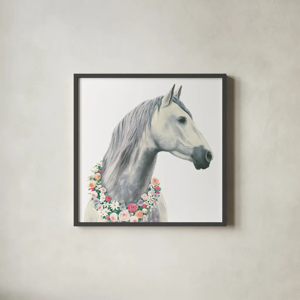Spirit Stallion I Square by James Wiens. Shown in a sleek black glass frame for a contemporary gallery look. Available as an archival giclee rolled canvas, fine art paper, or poster print. SKU 30124a.