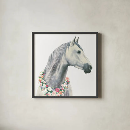 Spirit Stallion I Square by James Wiens. Shown in a sleek black glass frame for a contemporary gallery look. Available as an archival giclee rolled canvas, fine art paper, or poster print. SKU 30124a.