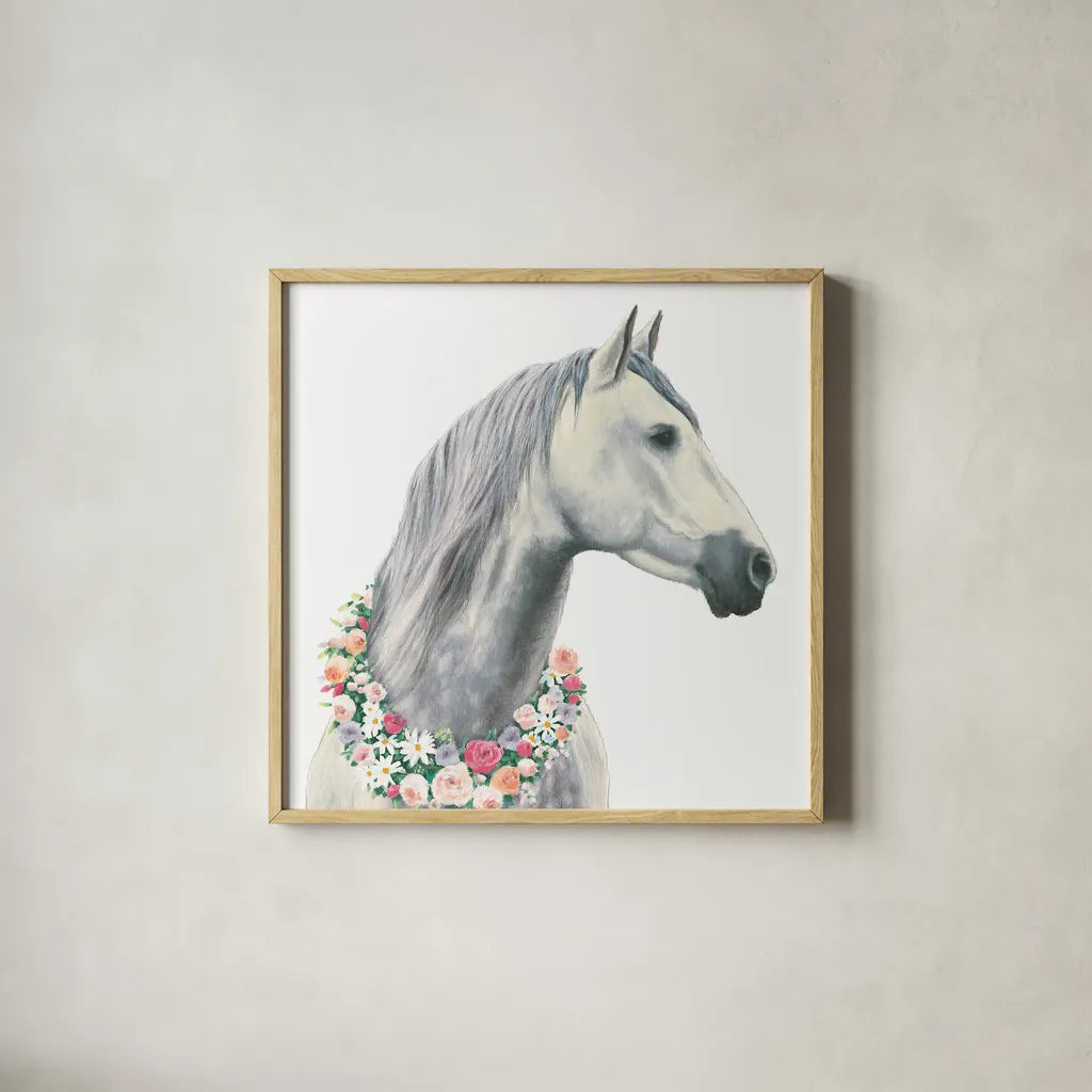 Spirit Stallion I Square by James Wiens. Shown in a natural wood glass frame for a timeless modern aesthetic. Available as an archival giclee rolled canvas, fine art paper, or poster print. SKU 30124a.