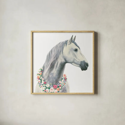 Spirit Stallion I Square by James Wiens. Shown in a natural wood glass frame for a timeless modern aesthetic. Available as an archival giclee rolled canvas, fine art paper, or poster print. SKU 30124a.