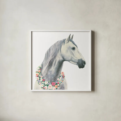 Spirit Stallion I Square by James Wiens. Shown in a crisp white glass frame for a clean and minimalist style. Available as an archival giclee rolled canvas, fine art paper, or poster print. SKU 30124a.