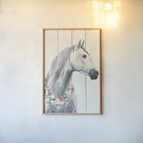 Spirit Stallion I on Wood no Lace by James Wiens. shown as a paper print in a natural frame. Available as a archival giclee rolled canvas, fine art paper, or poster print. SKU 30595h.