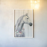 Spirit Stallion I on Wood no Lace by James Wiens. shown as a paper print in a white frame. Available as a archival giclee rolled canvas, fine art paper, or poster print. SKU 30595h.