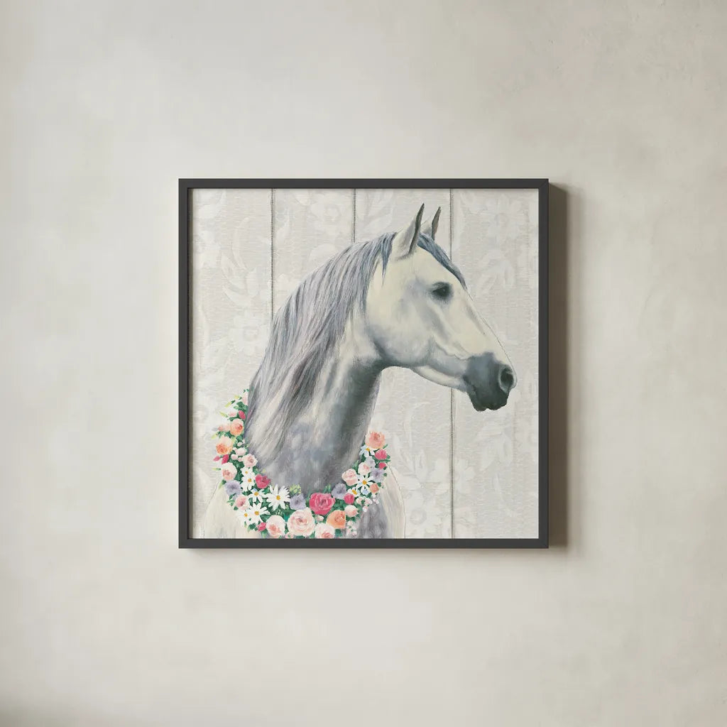 Spirit Stallion I on wood Square by James Wiens. Shown in a sleek black glass frame for a contemporary gallery look. Available as an archival giclee rolled canvas, fine art paper, or poster print. SKU 30122a.