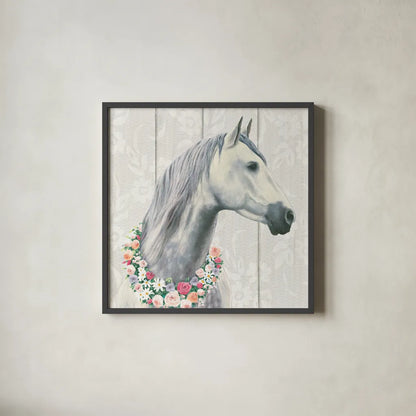 Spirit Stallion I on wood Square by James Wiens. Shown in a sleek black glass frame for a contemporary gallery look. Available as an archival giclee rolled canvas, fine art paper, or poster print. SKU 30122a.