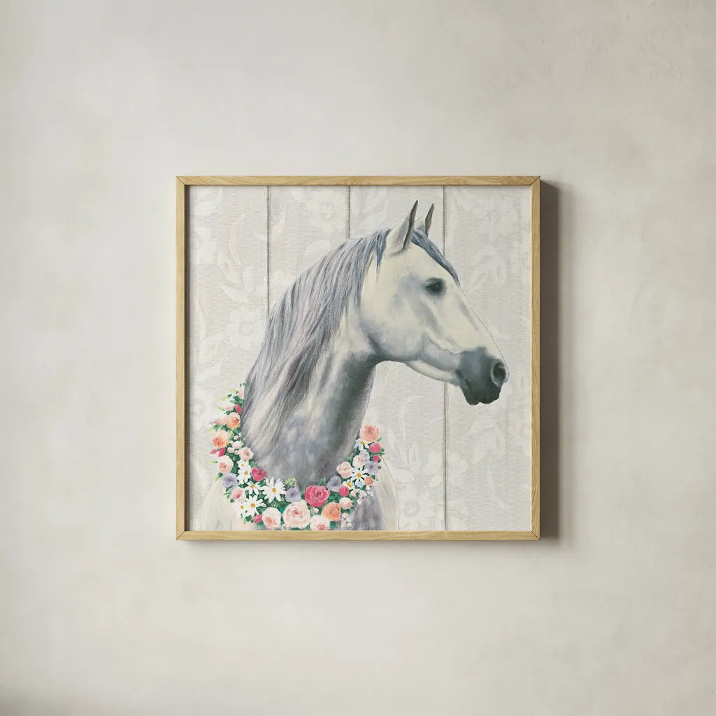Spirit Stallion I on wood Square by James Wiens. Shown in a natural wood glass frame for a timeless modern aesthetic. Available as an archival giclee rolled canvas, fine art paper, or poster print. SKU 30122a.