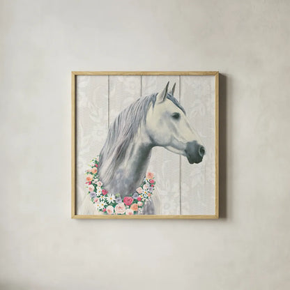 Spirit Stallion I on wood Square by James Wiens. Shown in a natural wood glass frame for a timeless modern aesthetic. Available as an archival giclee rolled canvas, fine art paper, or poster print. SKU 30122a.