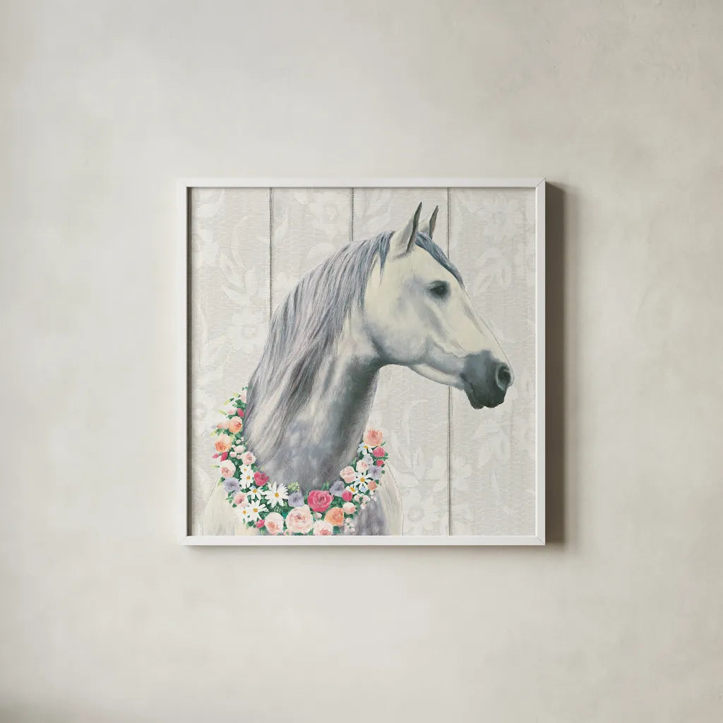 Spirit Stallion I on wood Square by James Wiens. Shown in a crisp white glass frame for a clean and minimalist style. Available as an archival giclee rolled canvas, fine art paper, or poster print. SKU 30122a.