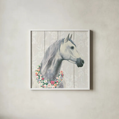 Spirit Stallion I on wood Square by James Wiens. Shown in a crisp white glass frame for a clean and minimalist style. Available as an archival giclee rolled canvas, fine art paper, or poster print. SKU 30122a.