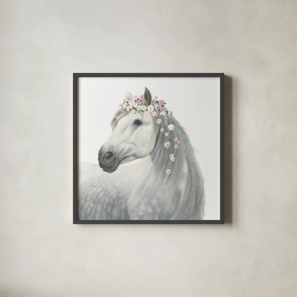Spirit Stallion II Square by James Wiens. Shown in a sleek black glass frame for a contemporary gallery look. Available as an archival giclee rolled canvas, fine art paper, or poster print. SKU 30125a.