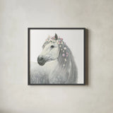 Spirit Stallion II Square by James Wiens. Shown in a sleek black glass frame for a contemporary gallery look. Available as an archival giclee rolled canvas, fine art paper, or poster print. SKU 30125a.