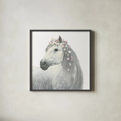 Spirit Stallion II Square by James Wiens. Shown in a sleek black glass frame for a contemporary gallery look. Available as an archival giclee rolled canvas, fine art paper, or poster print. SKU 30125a.