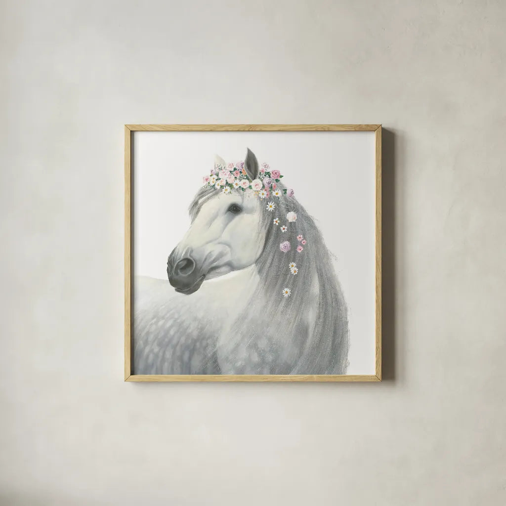 Spirit Stallion II Square by James Wiens. Shown in a natural wood glass frame for a timeless modern aesthetic. Available as an archival giclee rolled canvas, fine art paper, or poster print. SKU 30125a.