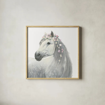 Spirit Stallion II Square by James Wiens. Shown in a natural wood glass frame for a timeless modern aesthetic. Available as an archival giclee rolled canvas, fine art paper, or poster print. SKU 30125a.
