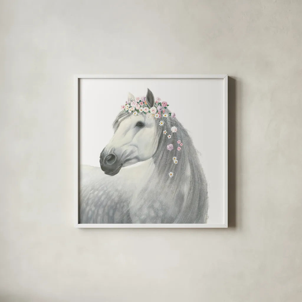 Spirit Stallion II Square by James Wiens. Shown in a crisp white glass frame for a clean and minimalist style. Available as an archival giclee rolled canvas, fine art paper, or poster print. SKU 30125a.
