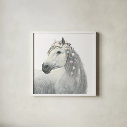 Spirit Stallion II Square by James Wiens. Shown in a crisp white glass frame for a clean and minimalist style. Available as an archival giclee rolled canvas, fine art paper, or poster print. SKU 30125a.