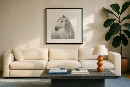 Spirit Stallion II Square by James Wiens. Displayed in a glass frame with matte in a clean modern living room. Available as an archival giclee rolled canvas, fine art paper, or poster print. SKU 30125a.