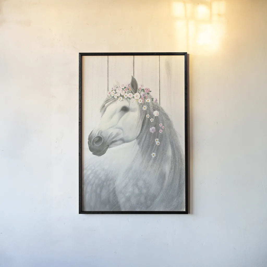 Spirit Stallion II on Wood no Lace by James Wiens. shown as a paper print in a black flame. Available as a archival giclee rolled canvas, fine art paper, or poster print. SKU 30596h.