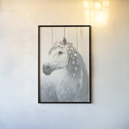 Spirit Stallion II on Wood no Lace by James Wiens. shown as a paper print in a black flame. Available as a archival giclee rolled canvas, fine art paper, or poster print. SKU 30596h.