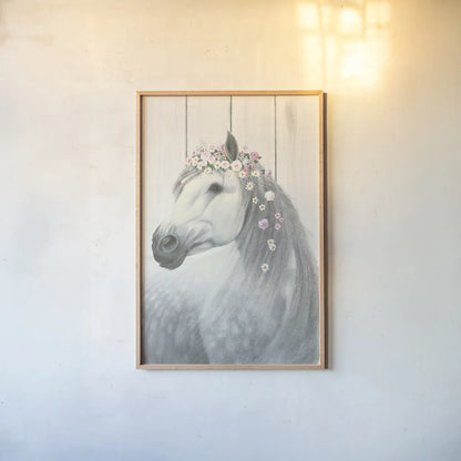 Spirit Stallion II on Wood no Lace by James Wiens. shown as a paper print in a natural frame. Available as a archival giclee rolled canvas, fine art paper, or poster print. SKU 30596h.