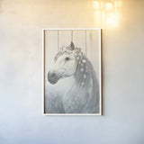 Spirit Stallion II on Wood no Lace by James Wiens. shown as a paper print in a white frame. Available as a archival giclee rolled canvas, fine art paper, or poster print. SKU 30596h.
