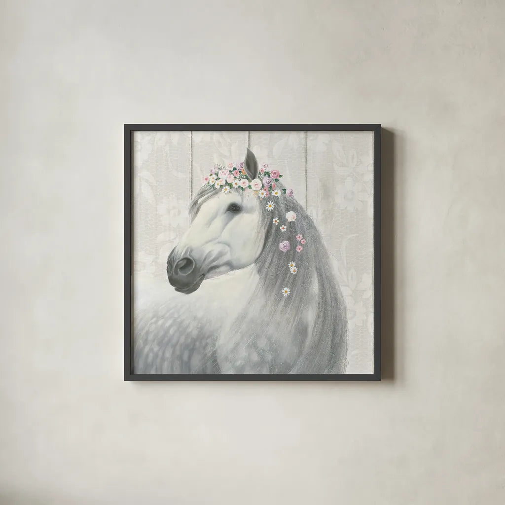 Spirit Stallion II on wood Square by James Wiens. Shown in a sleek black glass frame for a contemporary gallery look. Available as an archival giclee rolled canvas, fine art paper, or poster print. SKU 30123a.