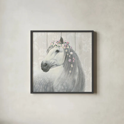 Spirit Stallion II on wood Square by James Wiens. Shown in a sleek black glass frame for a contemporary gallery look. Available as an archival giclee rolled canvas, fine art paper, or poster print. SKU 30123a.