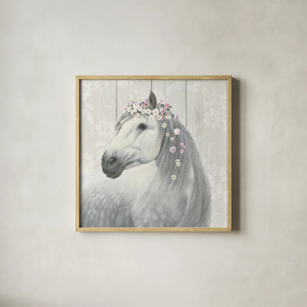 Spirit Stallion II on wood Square by James Wiens. Shown in a natural wood glass frame for a timeless modern aesthetic. Available as an archival giclee rolled canvas, fine art paper, or poster print. SKU 30123a.