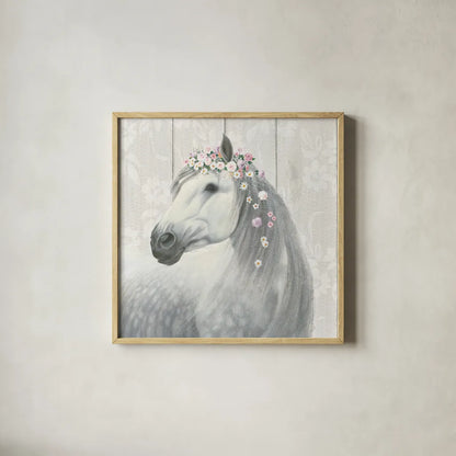 Spirit Stallion II on wood Square by James Wiens. Shown in a natural wood glass frame for a timeless modern aesthetic. Available as an archival giclee rolled canvas, fine art paper, or poster print. SKU 30123a.