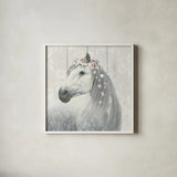 Spirit Stallion II on wood Square by James Wiens. Shown in a crisp white glass frame for a clean and minimalist style. Available as an archival giclee rolled canvas, fine art paper, or poster print. SKU 30123a.