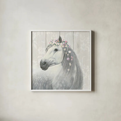 Spirit Stallion II on wood Square by James Wiens. Shown in a crisp white glass frame for a clean and minimalist style. Available as an archival giclee rolled canvas, fine art paper, or poster print. SKU 30123a.