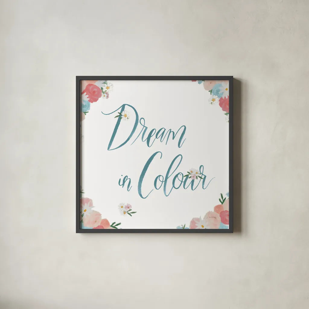 Spirit Stallion IV Blush and Teal by James Wiens. Shown in a sleek black glass frame for a contemporary gallery look. Available as an archival giclee rolled canvas, fine art paper, or poster print. SKU 32249a.