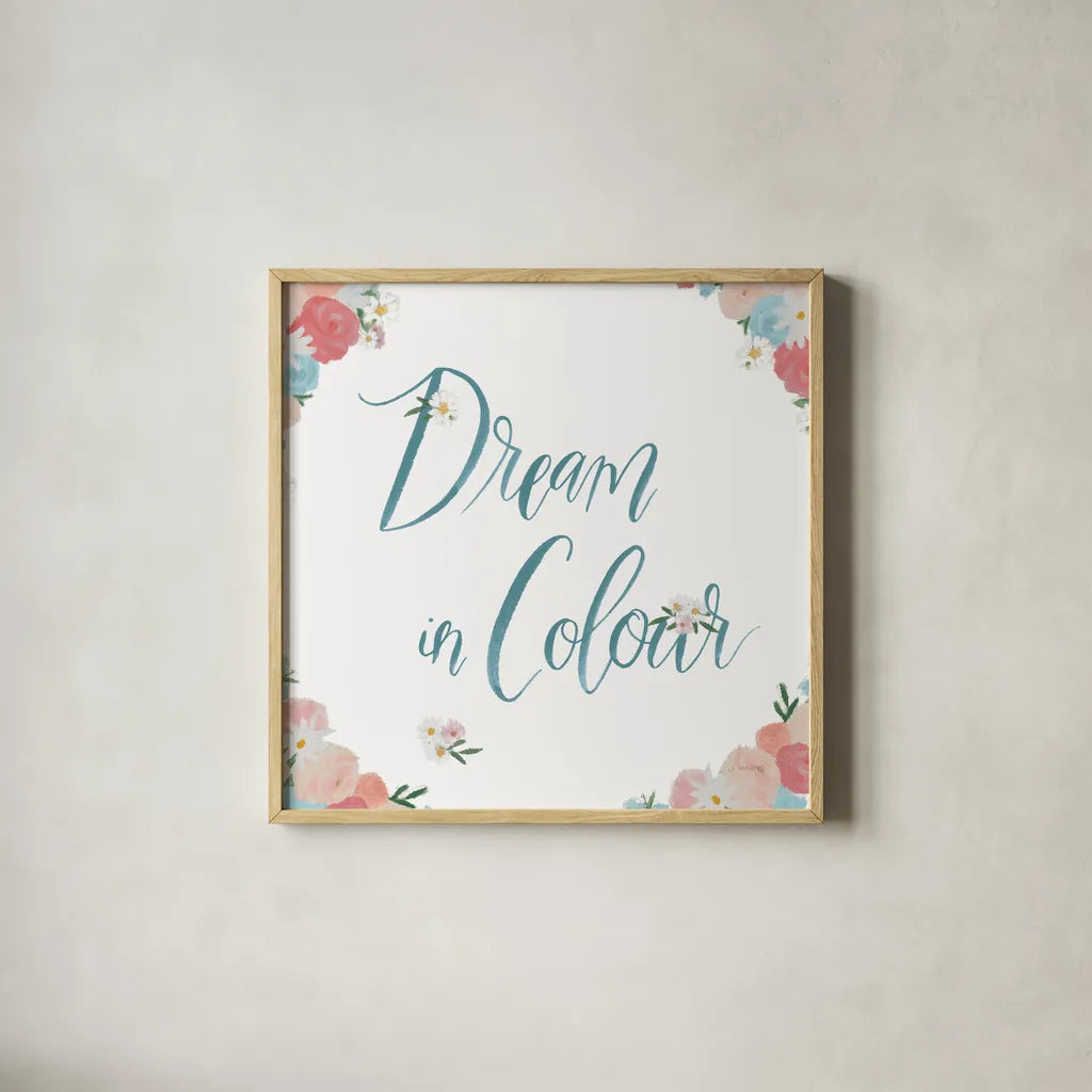 Spirit Stallion IV Blush and Teal by James Wiens. Shown in a natural wood glass frame for a timeless modern aesthetic. Available as an archival giclee rolled canvas, fine art paper, or poster print. SKU 32249a.