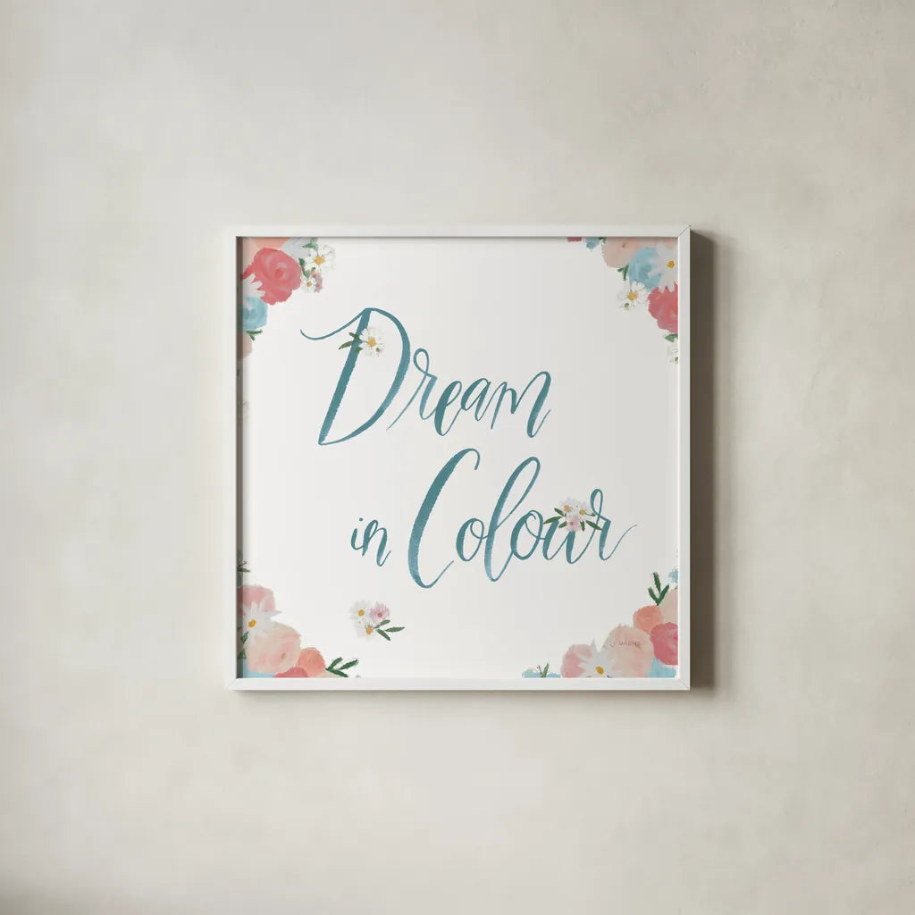 Spirit Stallion IV Blush and Teal by James Wiens. Shown in a crisp white glass frame for a clean and minimalist style. Available as an archival giclee rolled canvas, fine art paper, or poster print. SKU 32249a.