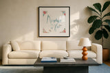 Spirit Stallion V Blush and Teal by James Wiens. Displayed in a glass frame with matte in a clean modern living room. Available as an archival giclee rolled canvas, fine art paper, or poster print. SKU 32250a.