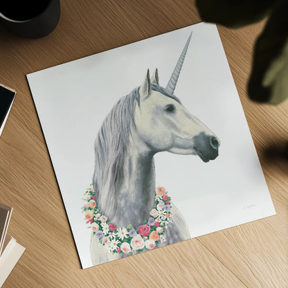 Spirit Unicorn I Square by James Wiens. Shown as a detailed flat fine art print, highlighting archival giclee quality. Available as an archival giclee rolled canvas, fine art paper, or poster print. SKU 33313a.