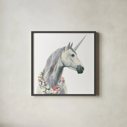 Spirit Unicorn I Square by James Wiens. Shown in a sleek black glass frame for a contemporary gallery look. Available as an archival giclee rolled canvas, fine art paper, or poster print. SKU 33313a.