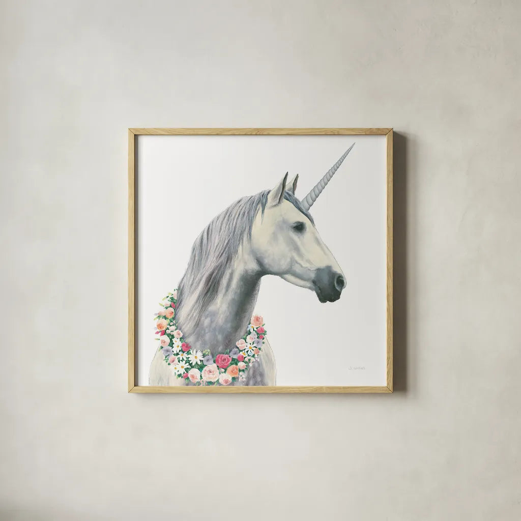 Spirit Unicorn I Square by James Wiens. Shown in a natural wood glass frame for a timeless modern aesthetic. Available as an archival giclee rolled canvas, fine art paper, or poster print. SKU 33313a.