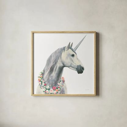 Spirit Unicorn I Square by James Wiens. Shown in a natural wood glass frame for a timeless modern aesthetic. Available as an archival giclee rolled canvas, fine art paper, or poster print. SKU 33313a.