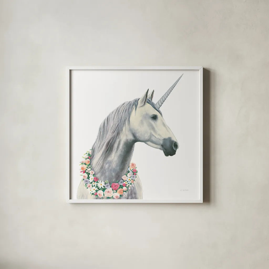 Spirit Unicorn I Square by James Wiens. Shown in a crisp white glass frame for a clean and minimalist style. Available as an archival giclee rolled canvas, fine art paper, or poster print. SKU 33313a.
